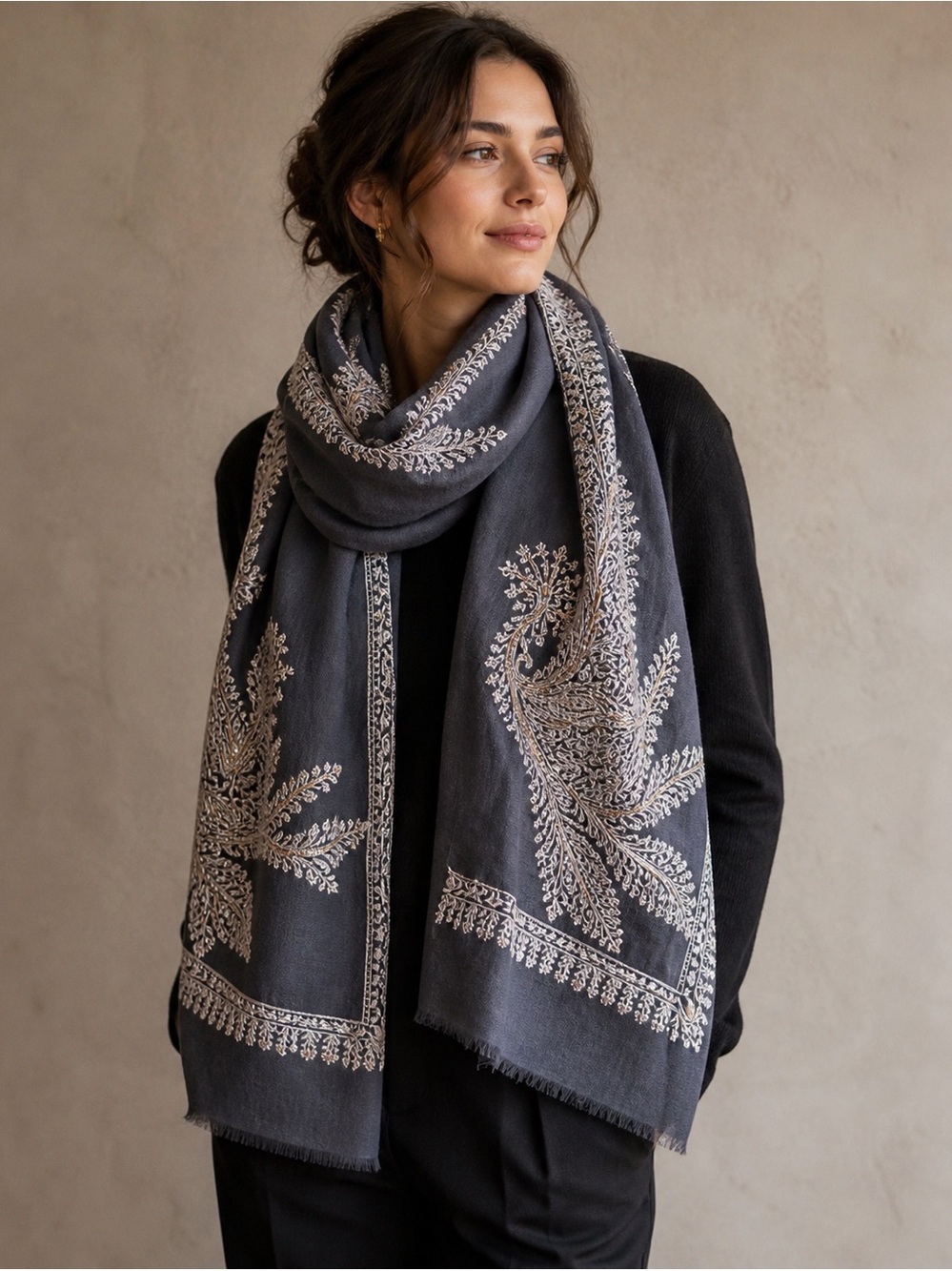 Cashmere Embroidered Beaded Scarf Shawl Gray Silver Artisan Luxe Wrap Boho